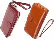 [Holibanna] 2pcs Vintage Oil Wax Leather Long Wallet for Women Multifunctional Zipper Purse with Ample Storage for Cards Coins and Essentials Stylish Design