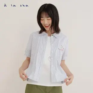 【a la sha】繡花口袋條紋短袖襯衫