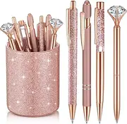 Sabary 8 Pcs Ballpoint Pens with Pen Holder for Desk Metal Crystal Diamond Pen Glitter Pencil Holder Fancy Pens Black Ink Bling Desk Organizer for Women Girls Office School Wedding Gifts (Rose Gold)