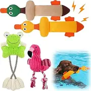 Suilung 4 Pcs Floating Dog Water Pool Toys Cute Flamingo Frog Durable Plush Chew Squeaky Teething Toys for Small Medium Large Breed Dog, Dock Diving and Fetch Training