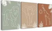 Safari Nursery Wall Art Pictures Baby Animal Canvas Wall Decor Boho Jungle Wall Art Kids Minimalist Poster Elephant Giraffe Lion Prints Nursery Safari Artwork for Bedroom 16x24 Wrapped Canvas Set of 3