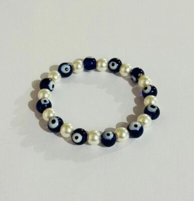 8mm Pearl and Evil Eye Bracelet | Adjustable Rubber Band | Protection Jewelry