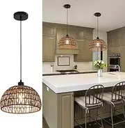 Oninio Farmhouse Rattan Pendant Light, Boho Chandelier Lighting, Woven Rope Lampshade Rustic Hanging Lamp, E27 Semi Flush Mount Ceiling Light for Kitchen Dining Room Bedroom (12.2in/Dark Brown)