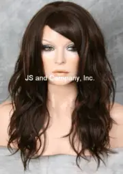 Wavy Human Hair Blend Full Wig Heat OK Long Bangs Layered Brown mix WBSY 6-30