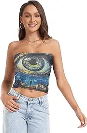 [RPLIFE] Beautiful Eye Starry Night Style Blue Coastal Summer Tops, Strapless Tops Women, Mesh Tube Tops, Trendy Crop Tops (S)