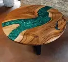 12" Green Epoxy Resin Round Coffee Table Acacia Wood Console Bar Desk Furniture