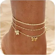[BERISO] Gold/Silver Ankle Bracelets for Women,14K Gold Anklets for Women Waterproof Pearl Beads Rhinestone Anklets Set Layered Anklet Bracelets for Women Gold Jewelry