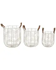 CosmoLiving by Cosmopolitan Set Of 3 Silver Metal Storage Basket With Faux Leather Handles