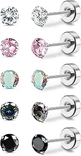 [Milacolato] 5 Pairs Titanium Earrings for Women Men G23 Pure Titanium Earrings for Sensitive Ears Cubic Zirconia Surgical Stainless Steel Flat Back Stud Earrings Hypoallergenic Piercing Sleeper