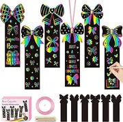 CY2SIDE Coquette Bow Scratch Bookmarks - 60PCS Pink Bow Knot Scratch Paper Art for Kid, DIY Magic Rainbow Color Paper Card Craft Kit Ornament, Coquette Knot Rainbow Bookmark for Funny Girl Party Favor