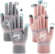 [FUKPO] 2 Pairs of Women's Warm Winter Lined Winter Gloves Women's Knitted Gloves Touchscreen Pink Grey Warm Gloves Thermal with Christmas Reindeer Pattern, Pink Grey, One size