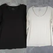 Lemon Way Womens Shirts Blouse Black White Flutter Sleeve Scoop Neck Lot 2 M New