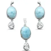 Oval Natural Larimar Pear .925 Sterling Silver Pendant & Earring Set