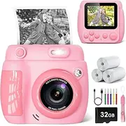 LETSHAHA Children's Instant Camera, 2.4 Inch Screen, Children's Instant Camera, 32 GB Card, 3 Printing Papers, 5 Colour Pencils, Small Children's Camera, Instant Camera with Fun Filter, Gift Children