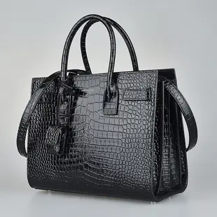 YSL SAINT LAURENT SAC DE JOUR 燙銀LOGO亮面鱷魚紋牛皮開口式手風琴手提斜背包(展示品/黑