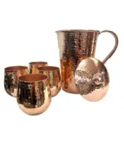 Authentic Mexican Handcrafted Copper Set: 1 Pitcher w/ Top, 4 Tumblers, Shiny