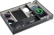 ProCase Valet Tray Organizer for Men, PU Leather Nightstand Holder with Large Cellphone Charging Station Men’s Storage Box for Wallet Watch Sunglasses Keys Changes Coins EDC -Black