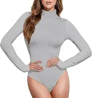 [Caihoyu] Silver Neutral Solid Color Pure Plain long sleeve Bodysuit Tops for Women Womens Shapewear Bodysuit Going Out Tops for Women Mock Turtle Neck, Color 3, Large