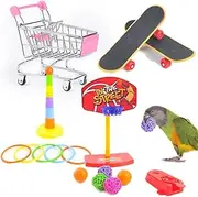 5pcs Bird Training Toy Set Interactive Playing Training Toy Set, Including Mini Shopping Cart, Training Rings, Skateboard, Basketball Hoop and Ball,for Cockatiels, Macaws, Parrots etc.(Random Color)