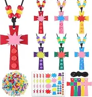 Ecation 30 Set Easter Necklace Craft Kit for Kids Easter Religious Crosses Craft He Lives Necklaces Kit Beads Ornaments DIY Sticker Arts for Church School Christian Favors Party