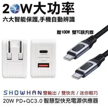 20W 雙孔 A+C PD+QC3.0 快速充電器 PD充電頭