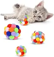 TUSATIY Cat Toy Balls with Bell 3PCS, Colorful Soft Fuzzy Balls Built-in Bell for Cats, Interactive Playing Chewing Toys for Indoor Cats and Kittens