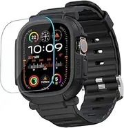 [elkson] Made for Apple Watch Ultra 2 1 Bumper Case Band 49mm Screen Protector Tempered Glass, Quattro Pro 2.0 Series Rugged for iWatch, Military Grade Durable Protective Cover, Shock Proof, Black