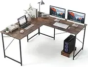 Giantex Reversible L-Shaped Desk, 150 cm Corner Computer Desk with Built-in Power Strip, Removable Host/Monitor Stand, Cable Management Holes, Home Office Desk for Working Gaming Study (Rustic Brown)