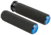 Arlen Ness Knurled Black Fly-by-Wire Handlebar Grips w/Blue End Caps (07-345)