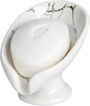 Marble Soap Dish Bar, Ceramic Soap Holder with Leaf Shape, Self Draining Soap Dish for Sink Bathroom Shower Kitchen, Soap Tray with Easy Cleaning, Cream White and Gold Marble Pattern