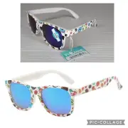 New Kidz Piranha 62061 Donut Print White Sunglasses Blue Mirror Lenses UVA UVB