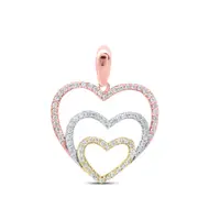 10kt Tri-Tone Gold Round Diamond Triple Nested Heart Pendant 1/3 Cttw