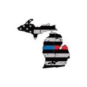 Distressed Thin Blue Red Line Michingan State Shaped Subdued US Flag Sticker