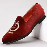 Men's Burgundy Velvet Loafers with Embroidered Crest – Slip-On Party Dress Shoes for Weddings, Banquets Festive Occasions