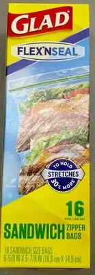 2 Pack of 16 ct Glad FLEX N SEAL Sandwich Zipper Bags 16.8 cm 14.9 cm