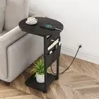 C Shaped End Table with Charging Station, Small Side Table for Couch, TV Black