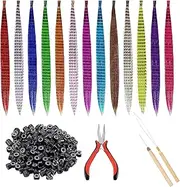 WEZCHUGHAOL 13 Pcs Colored Hair Extension Kit - Rainbow Synthetic Feather With 100 Pcs Silicone Lined Micro Ring, Crochet Hook, Bead Stringer, Remover Plier