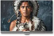 [RKJVB] Business Card Holder Indigenous People And Wolves Slim Business Card Case Professional Name Card Holders Purse Name Card Organizer Minimalist Pocket Card Cases for Men Women