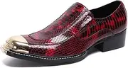 [Generic] Oxfords for Men Slip on Metal Captoe Low Block Heel Genuine Leather Faux Pattern Vamp