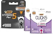 BIC Hybrid 5 Flex Men’s Razor Refills Pack of 4 and Bic Click 5 Soleil Women’s Razor Refills Pack of 8 for Smooth Ultra-Close Shave with 5 Nano-Tech Titanium and Lubricating Blades