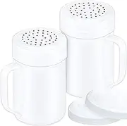 CUSINIUM 14oz White Stainless Steel Salt Pepper Dredge Shakers - With Plastic Cap - With Handle - Pack of 2