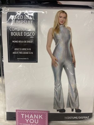 Women’s Disco Jumpsuit Silver Adult Costume Cosplay 1 Piece X-LARGE 14-16 New