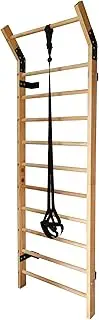Swedish Ladder Wood Stall Bar Suspension Trainer – Physical Therapy & Gymnastics Ladder w/ 11 Strategic Rods and Training Strap. Solid Pine.