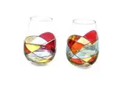 Stemless Wine Glasses 21Oz Hand Painted Mouth Blown 2 Count (Pack of 1) Red