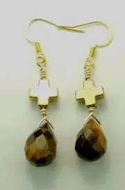 Tigers Eye Briolette Earrings with Crosses Boho Chic Handmade Jewelry