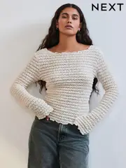 Ecru Long Sleeve Textured Top (E54604) | $64