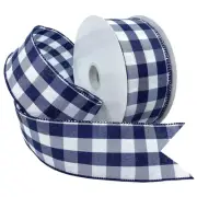 Wired Gingham Style Ribbon Navy Blue