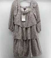 Who What Wear Pink Mini Leaves Tiered Balloon Sleeve Dress Size Small NWT Womens