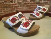Alegria White Leather Embroidered Flower Linn Slide Wedge Sandals 39 8 - 8.5 New