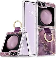 Vowodu Marble Case for Samsung Galaxy Z Flip 5 Case with Ring, [Precise Camera protection]+[1*Screen Protector], Wireless Charging Anti-Scratch Shockproof Case for Z Flip 5 5G (Shining Purple)